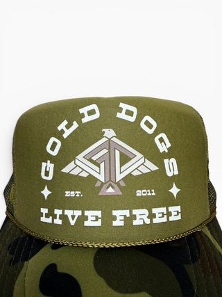 Gold Dogs Live Free Two Tone Woods Camo Trucker Hat