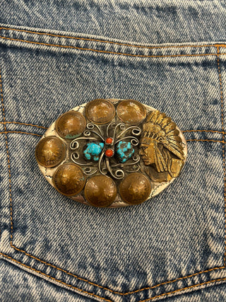 Turquoise, Coral, and Buffalo Pennies Belt Buckle