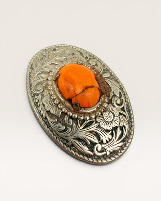 Orange Stone and Wild Roses Vintage Belt Buckle