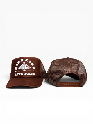 Gold Dogs Live Free Brown Trucker Hat