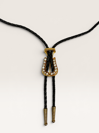 Gold Colored Cubic Zirconia Encrusted Belt Buckle Bolo Tie