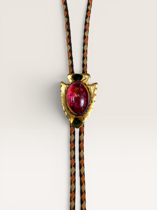 Vintage Brass Arrowhead and Red Glass Cabochon Bolo Tie