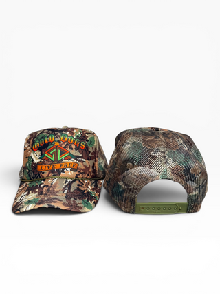 Gold Dogs Live Free Woodland Camo Trucker hat