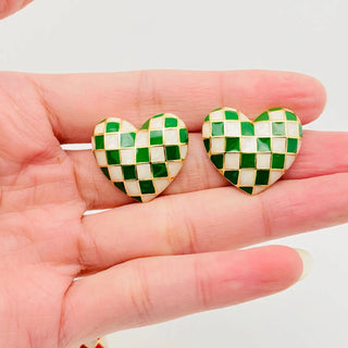 18k Gold Checkered Enamel Heart Earrings
