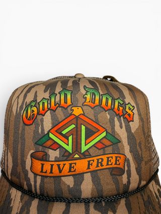 Gold Dogs Live Free Mossy Oak Camo Trucker hat