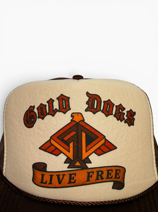 Gold Dogs Live Free Brown Banner Trucker hat