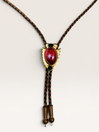 Vintage Brass Arrowhead and Red Glass Cabochon Bolo Tie
