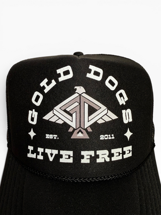 Gold Dogs Live Free Black Trucker Hat