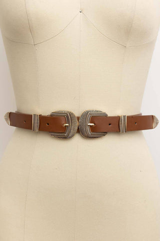 Double Buckle Faux Leather Western Style Belt