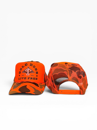Gold Dogs Live Free Orange Camo Trucker Hat