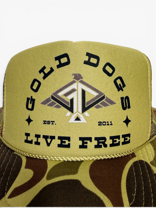 Gold Dogs Live Free Two Tone Duck Camo Trucker Hat
