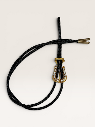 Gold Colored Cubic Zirconia Encrusted Belt Buckle Bolo Tie