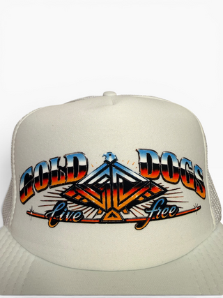 Gold Dogs Live Free White Chrome Flat Bill Trucker Hat