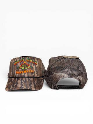 Gold Dogs Live Free Mossy Oak Camo Trucker hat