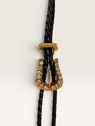 Gold Colored Cubic Zirconia Encrusted Belt Buckle Bolo Tie