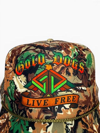 Gold Dogs Live Free Woodland Camo Trucker hat