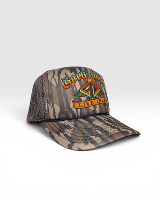 Gold Dogs Live Free Mossy Oak Camo Trucker hat
