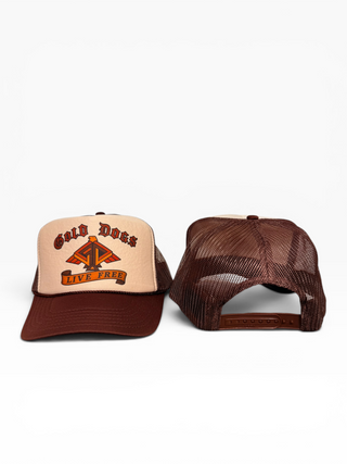 Gold Dogs Live Free Brown Banner Trucker hat