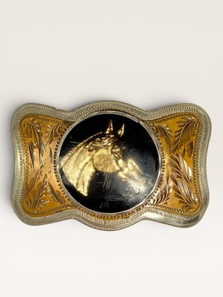 Vintage Brass and Silver Horse Head Belt Buckle