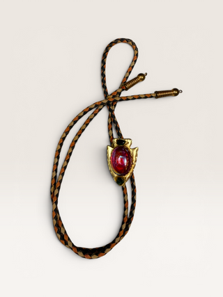 Vintage Brass Arrowhead and Red Glass Cabochon Bolo Tie