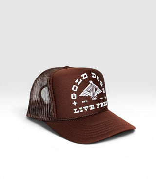 Gold Dogs Live Free Brown Trucker Hat