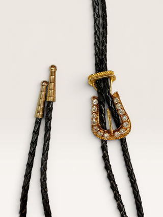 Gold Colored Cubic Zirconia Encrusted Belt Buckle Bolo Tie