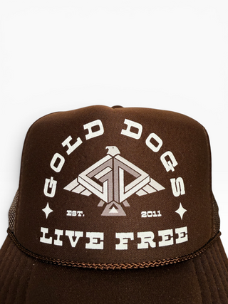 Gold Dogs Live Free Brown Trucker Hat