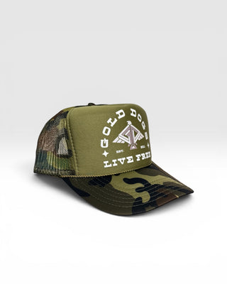 Gold Dogs Live Free Two Tone Woods Camo Trucker Hat