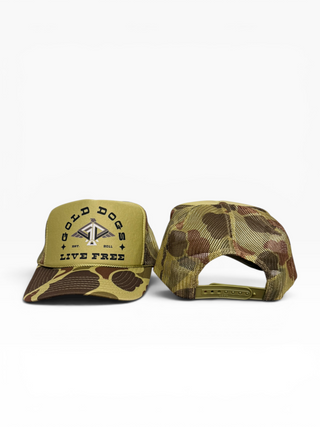 Gold Dogs Live Free Two Tone Duck Camo Trucker Hat