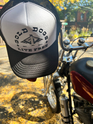 Gold Dogs Live Free Black/White Trucker hat