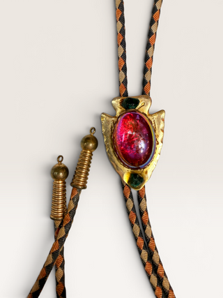 Vintage Brass Arrowhead and Red Glass Cabochon Bolo Tie