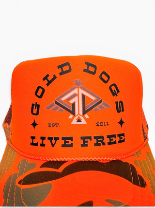 Gold Dogs Live Free Orange Camo Trucker Hat