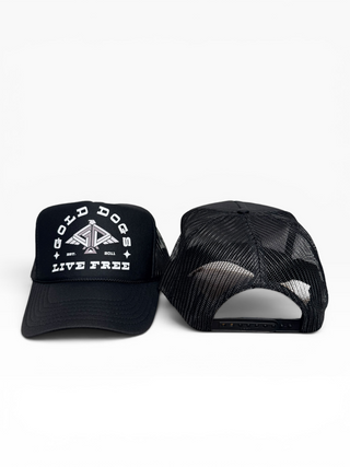 Gold Dogs Live Free Black Trucker Hat