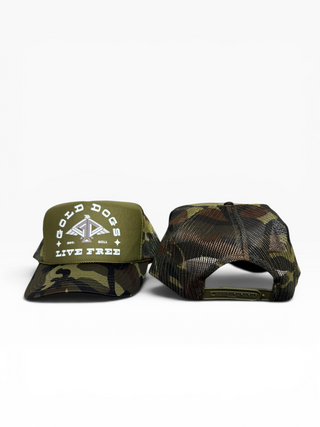 Gold Dogs Live Free Two Tone Woods Camo Trucker Hat