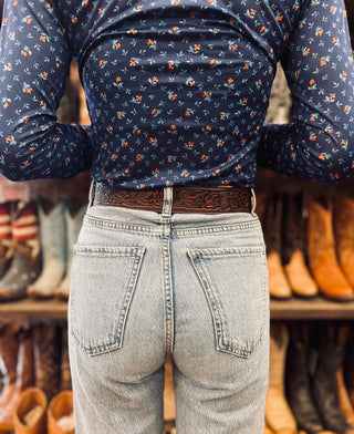 Brown Western Roses Leather 1 1/2" Belt