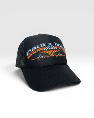 Gold Dogs Live Free Black Chrome Trucker Hat