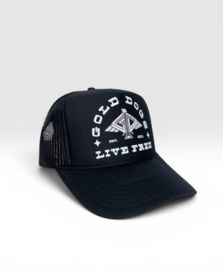 Gold Dogs Live Free Black Trucker Hat