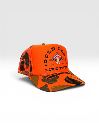 Gold Dogs Live Free Orange Camo Trucker Hat