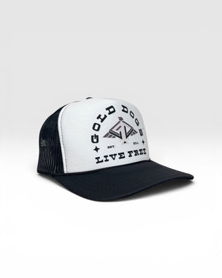 Gold Dogs Live Free Black/White Trucker hat