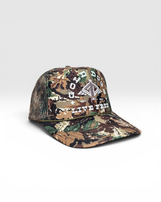Gold Dogs Live Free Camo Trucker Hat