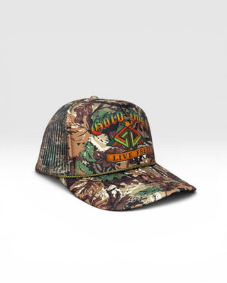 Gold Dogs Live Free Woodland Camo Trucker hat