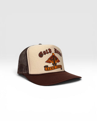 Gold Dogs Live Free Brown Banner Trucker hat