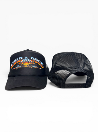 Gold Dogs Live Free Black Chrome Trucker Hat