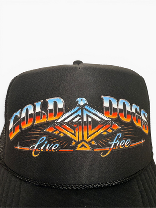 Gold Dogs Live Free Black Chrome Trucker Hat