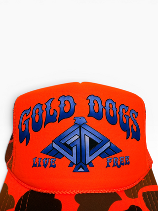 Gold Dogs Live Free Orange/Blue Camo Trucker Hat