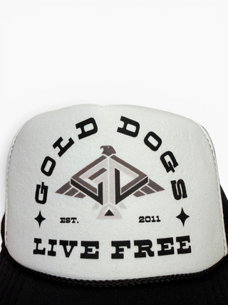 Gold Dogs Live Free Black/White Trucker hat