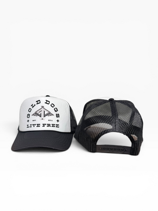 Gold Dogs Live Free Black/White Trucker hat