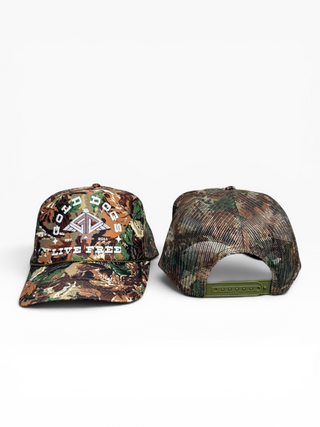 Gold Dogs Live Free Camo Trucker Hat