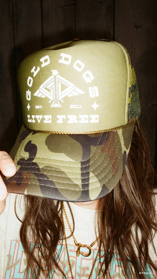 Gold Dogs Live Free Two Tone Woods Camo Trucker Hat
