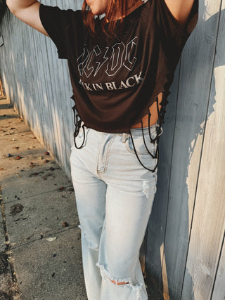 AC/DC Back in Black Cropped Chop Shop Side Distressing T-Shirt